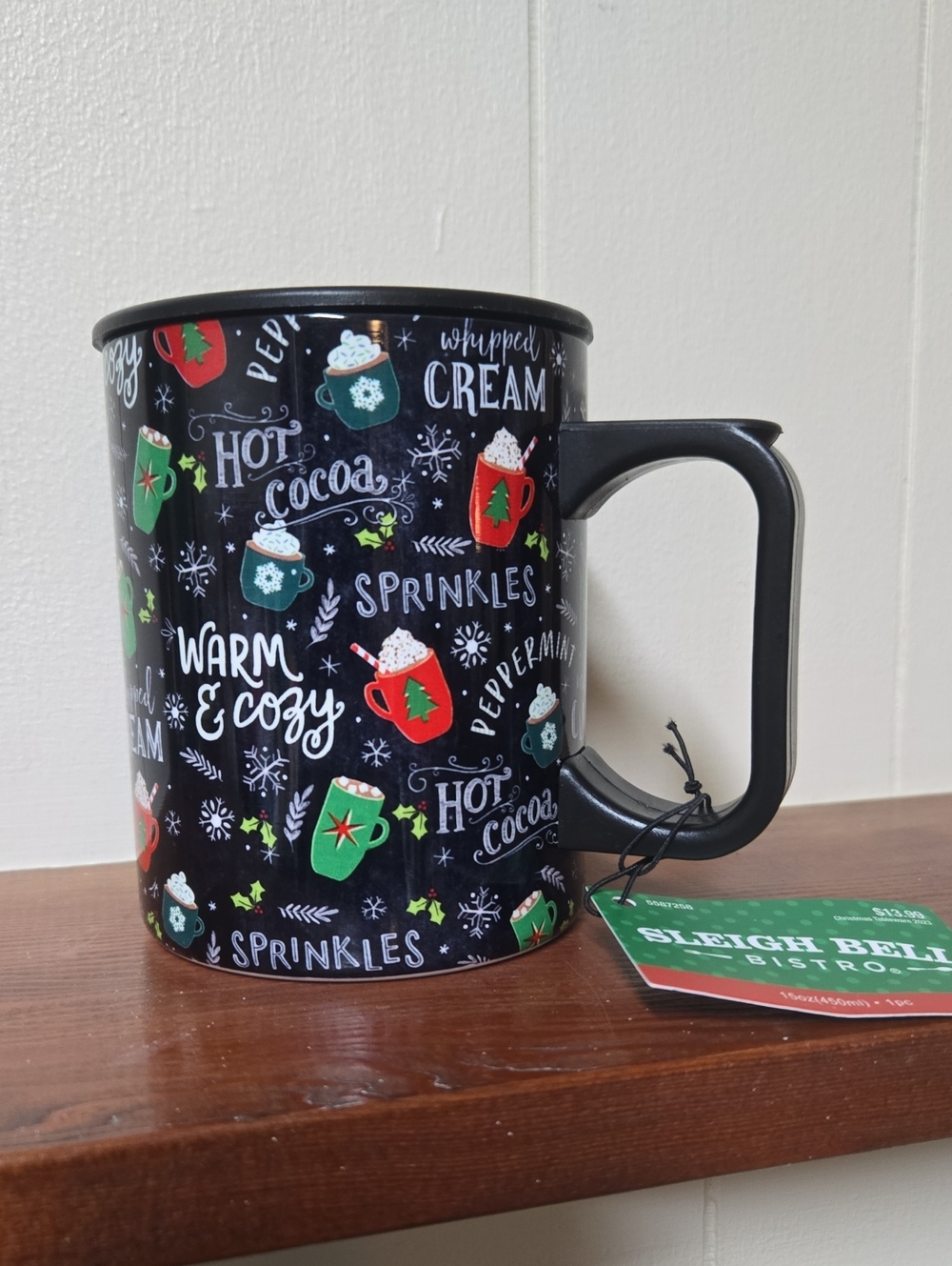 Holiday Hot Cocoa Ceramic Mug - Black with Red & Green Accents